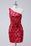 Sparkly Red One Shoulder Tight Short Homecoming Dress com lantejoulas