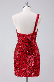 Sparkly Red One Shoulder Tight Short Homecoming Dress com lantejoulas