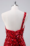 Sparkly Red One Shoulder Tight Short Homecoming Dress com lantejoulas