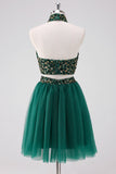 Sparkly A-Line Dark Green Halter Vestido Curto Homecoming com Sequins