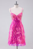 Sparkly Hot Pink Uma Linha Esparguete Correias Fringe Sequins Homecoming Dress