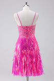 Sparkly Hot Pink Uma Linha Esparguete Correias Fringe Sequins Homecoming Dress