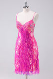 Sparkly Hot Pink Uma Linha Esparguete Correias Fringe Sequins Homecoming Dress