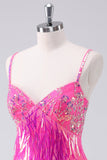 Sparkly Hot Pink Uma Linha Esparguete Correias Fringe Sequins Homecoming Dress