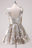 Prata Ajustável Correias A-Line Short Metallic Homecoming Dress com Folhos