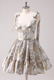 Prata Ajustável Correias A-Line Short Metallic Homecoming Dress com Folhos