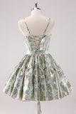 Verde claro A-Line Spaghetti Straps Short Corset Homecoming Dress com renda para trás