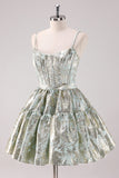 Verde claro A-Line Spaghetti Straps Short Corset Homecoming Dress com renda para trás