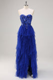 Sparkly Royal Blue A-Line Strapless Sequin Ruffles Tulle Long Prom Dress com fenda