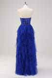 Sparkly Royal Blue A-Line Strapless Sequin Ruffles Tulle Long Prom Dress com fenda