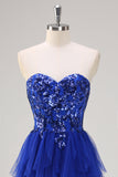 Sparkly Royal Blue A-Line Strapless Sequin Ruffles Tulle Long Prom Dress com fenda