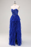 Sparkly Royal Blue A-Line Strapless Sequin Ruffles Tulle Long Prom Dress com fenda