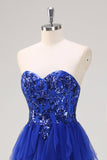 Sparkly Royal Blue A-Line Strapless Sequin Ruffles Tulle Long Prom Dress com fenda