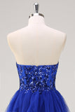 Sparkly Royal Blue A-Line Strapless Sequin Ruffles Tulle Long Prom Dress com fenda