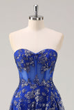 Royal Blue A Line Strapless Appliques Corset Long Prom Dress com Fenda