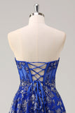 Royal Blue A Line Strapless Appliques Corset Long Prom Dress com Fenda