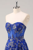 Royal Blue A Line Strapless Appliques Corset Long Prom Dress com Fenda