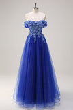 Royal Blue Tulle A-Line Off the Shoulder Sparkly Applique Long Prom Dress com Missangas