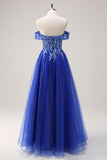 Royal Blue Tulle A-Line Off the Shoulder Sparkly Applique Long Prom Dress com Missangas