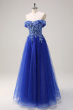 Royal Blue Tulle A-Line Off the Shoulder Sparkly Applique Long Prom Dress com Missangas