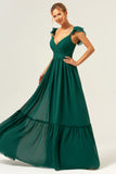 Verde escuro Uma linha V-neck Ruched Chiffon longo vestido de dama de honra