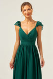 Verde escuro Uma linha V-neck Ruched Chiffon longo vestido de dama de honra