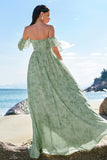 Dusty Sage A-Line Off Shoulder Print vestido longo dama de honra com fenda