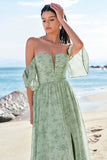 Dusty Sage A-Line Off Shoulder Print vestido longo dama de honra com fenda