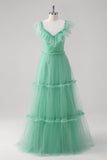 Verde A Line V-Neck Tiered Tule Vestido Madrinha