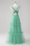 Verde A Line V-Neck Tiered Tule Vestido Madrinha