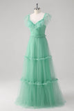 Verde A Line V-Neck Tiered Tule Vestido Madrinha