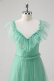 Verde A Line V-Neck Tiered Tule Vestido Madrinha