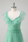 Verde A Line V-Neck Tiered Tule Vestido Madrinha