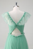 Verde A Line V-Neck Tiered Tule Vestido Madrinha