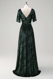Verde Escuro Uma Linha V-Neck Burnout Veludo Vestido Floral Longo Madrinha