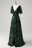 Verde Escuro Uma Linha V-Neck Burnout Veludo Vestido Floral Longo Madrinha