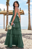 Eucalipto em camadas A-Line Chiffon Long Bridesmaid Dress