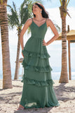 Eucalipto em camadas A-Line Chiffon Long Bridesmaid Dress