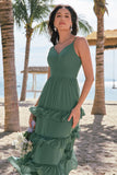 Eucalipto em camadas A-Line Chiffon Long Bridesmaid Dress