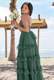 Eucalipto em camadas A-Line Chiffon Long Bridesmaid Dress