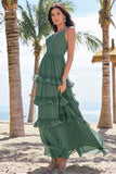 Eucalipto em camadas A-Line Chiffon Long Bridesmaid Dress