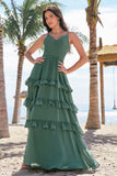 Eucalipto em camadas A-Line Chiffon Long Bridesmaid Dress