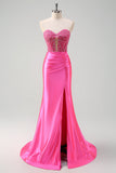 Fuchsia querida sereia cetim longo espartilho vestido de baile com apliques