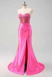 Fuchsia querida sereia cetim longo espartilho vestido de baile com apliques