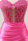 Fuchsia querida sereia cetim longo espartilho vestido de baile com apliques