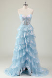 Glitter Azul Uma Linha Strapless Sequin Corset Tiered Long Prom Dress