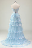 Azul sem alças Uma linha de lantejoulas Corset Tiered Long Prom Dress