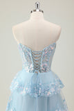 Glitter Azul Uma Linha Strapless Sequin Corset Tiered Long Prom Dress