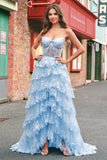 Azul sem alças Uma linha de lantejoulas Corset Tiered Long Prom Dress