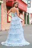 Azul sem alças Uma linha de lantejoulas Corset Tiered Long Prom Dress